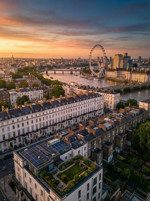 Elevated view from a hillside overlooking London at golden hour
