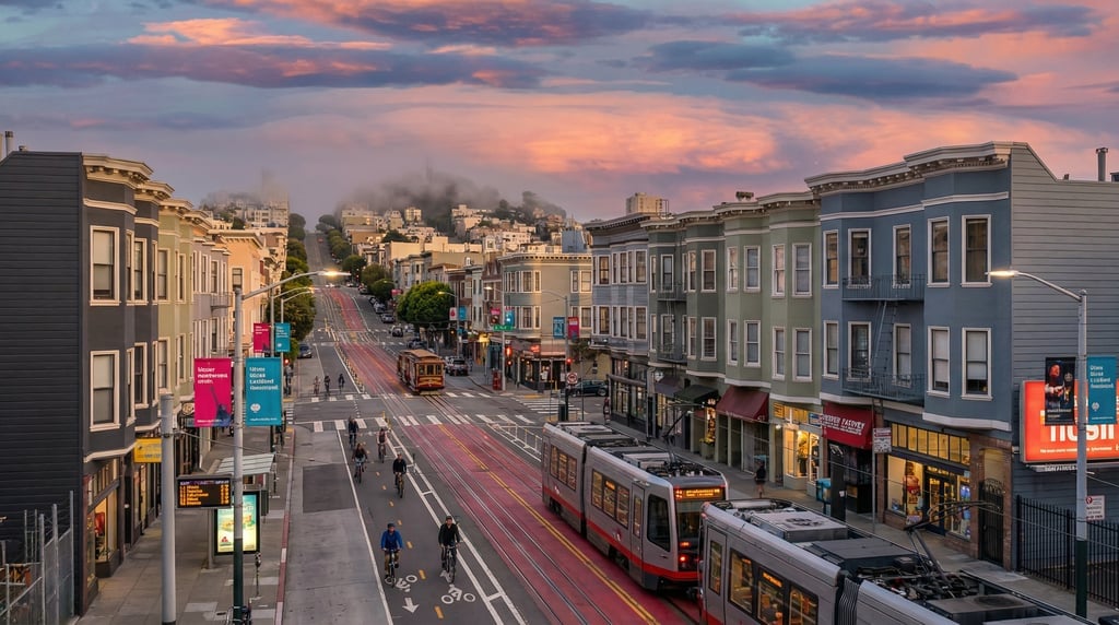 Panoramic view across Market Street with modern streetcars and bike lanes in San Francisco at sunset