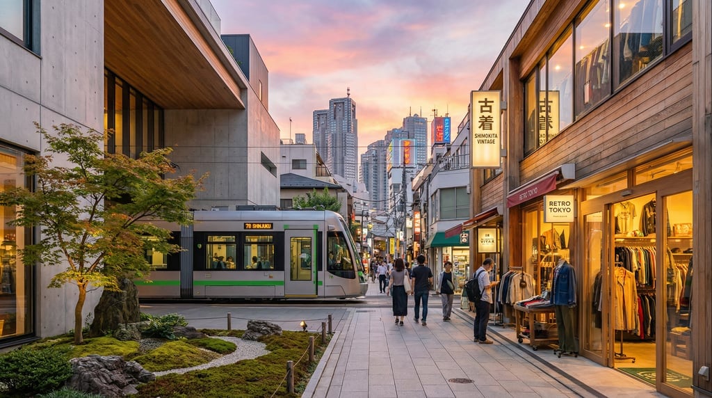 Three-quarter angle view of a narrow Shimokitazawa lane with modern vintage shops in Tokyo at sunset