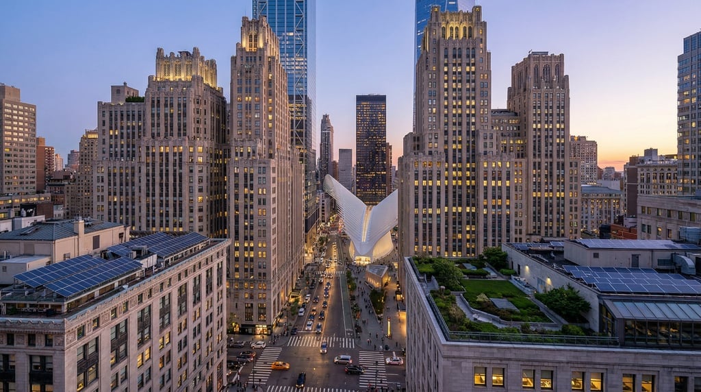 Three-quarter angle view of a busy intersection in New York City at blue hour dusk