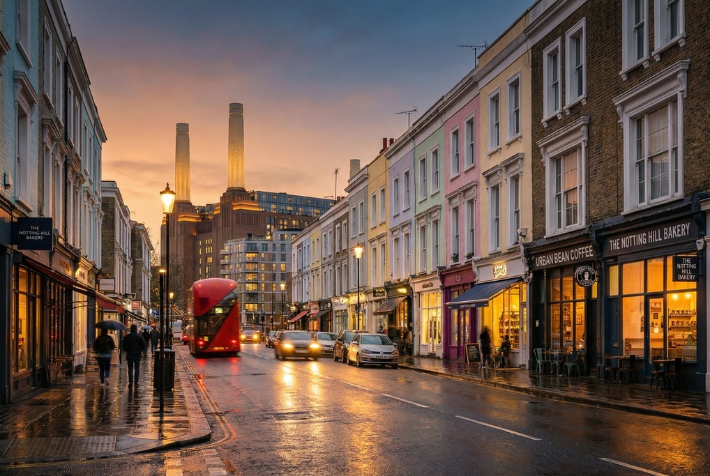 Cinematic wide shot of a Notting Hill street with colorful houses and modern cafés in London at gold
