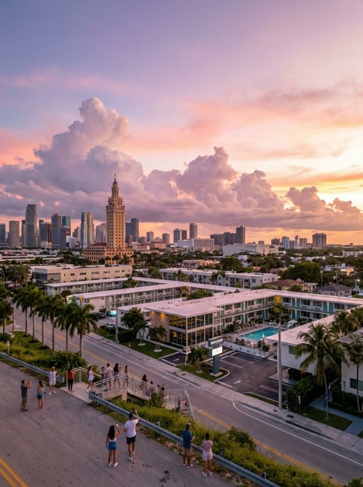 Elevated view from a hillside overlooking Miami at sunset
