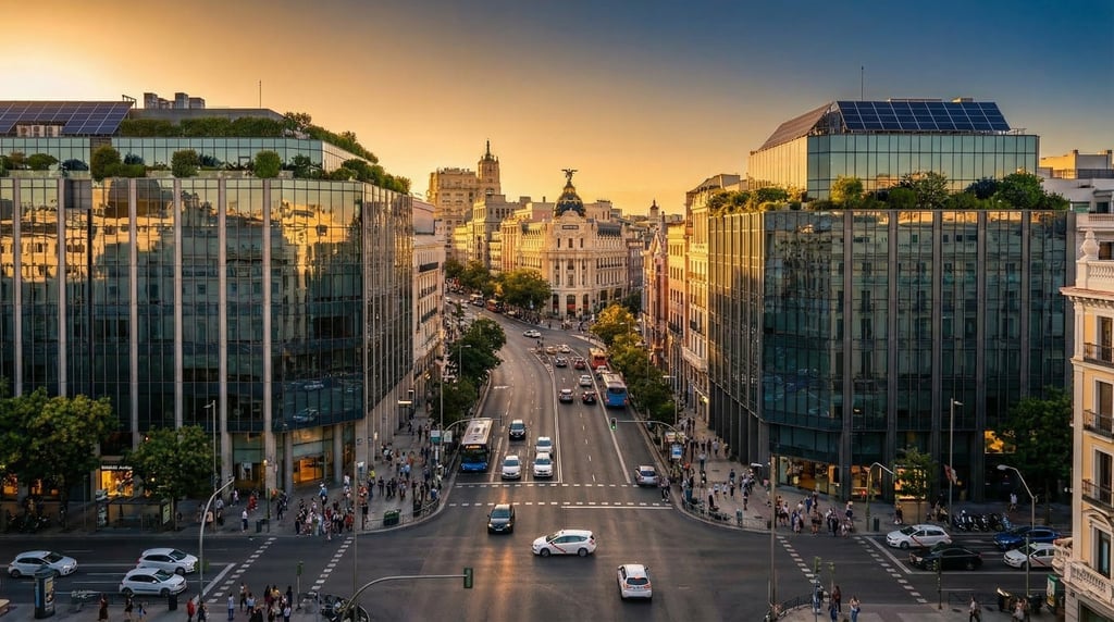 Cinematic wide shot of a busy intersection in Madrid at golden hour