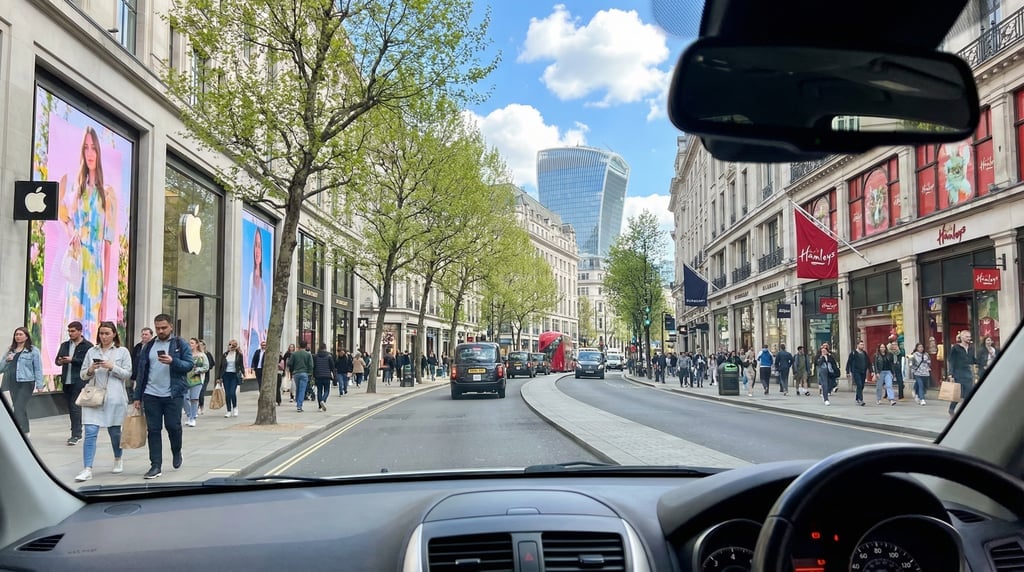 First-person perspective driving through Regent Street curving with flagship stores and LED displays