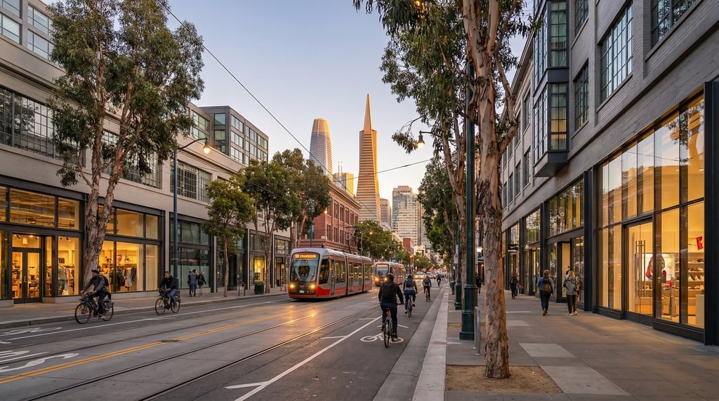 Wide-angle photograph of Market Street with modern streetcars and bike lanes in San Francisco at gol