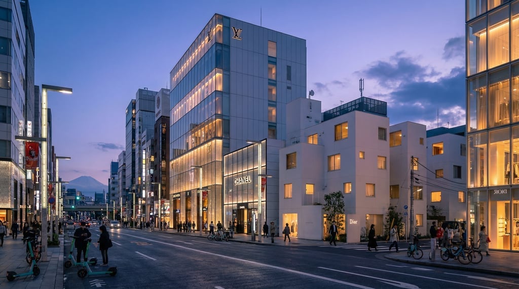 Wide shot of a Ginza boulevard with luxury flagship stores in Tokyo at blue hour dusk