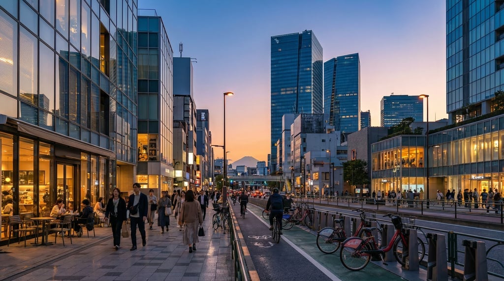Wide shot of a Harajuku street with contemporary fashion and modern cafés in Tokyo during the magic