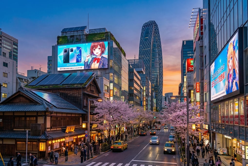 Three-quarter angle view of an Akihabara street with massive LED displays and anime billboards in To