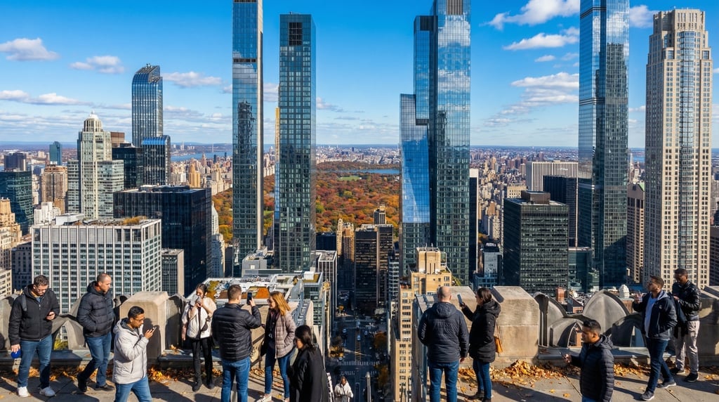 Elevated view from a hillside overlooking New York City on a vivid sunny afternoon