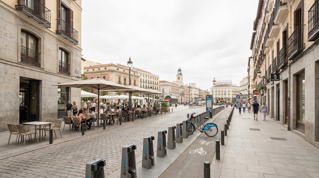 Wide shot of a La Latina street with modern terrazas and outdoor dining in Madrid on a bright overca