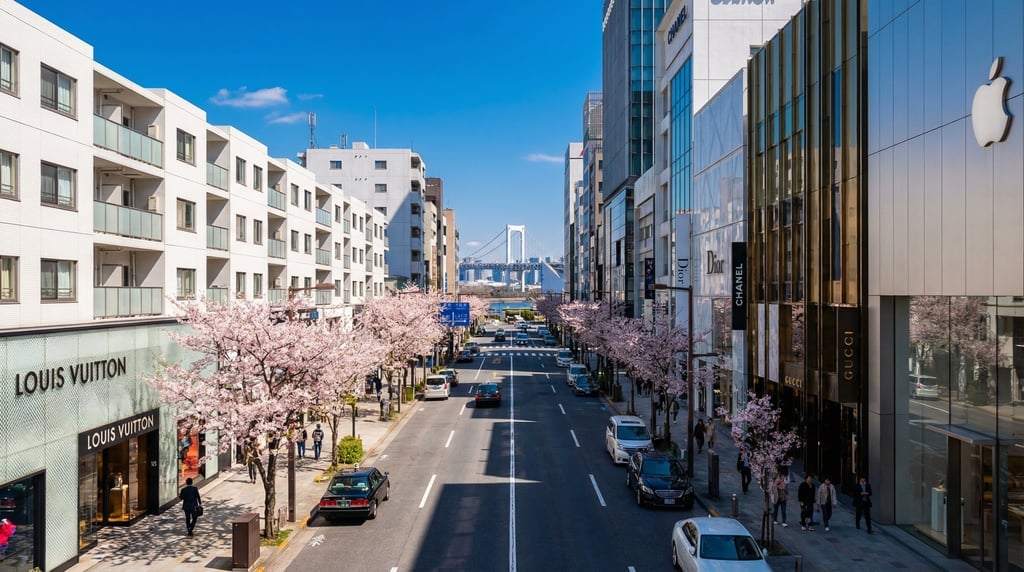 Cinematic wide shot of a Ginza boulevard with luxury flagship stores in Tokyo on a vivid sunny after