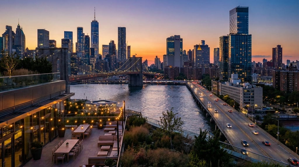 Elevated view from a hillside overlooking New York City during the magic hour just after sunset