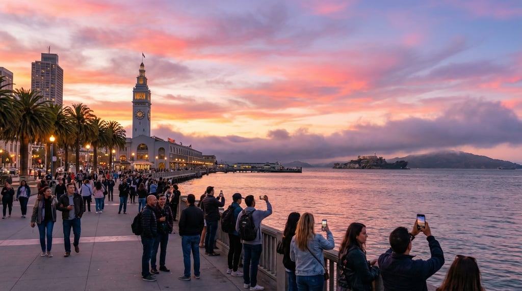 Wide-angle photograph of the Embarcadero waterfront promenade in San Francisco at sunset