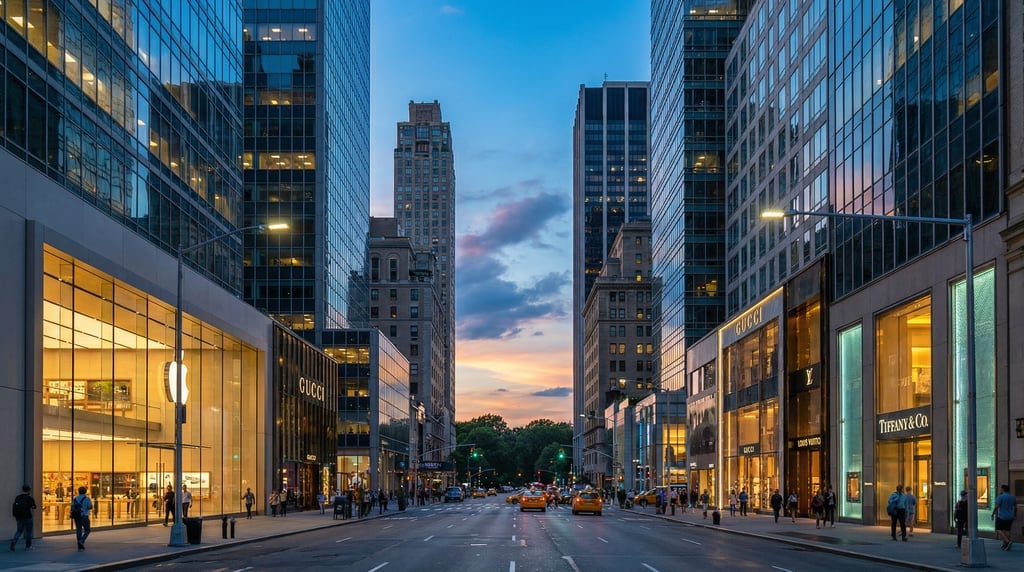 Wide shot of Fifth Avenue with luxury flagship stores in New York City during the magic hour just af