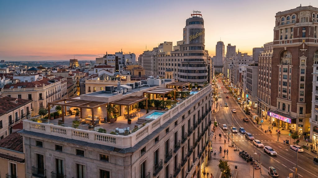 Elevated view from a hillside overlooking Madrid during the magic hour just after sunset