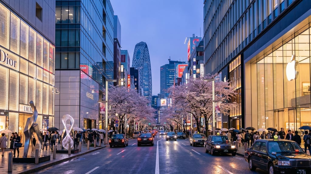 Street-level photograph looking down a Ginza boulevard with luxury flagship stores in Tokyo at blue