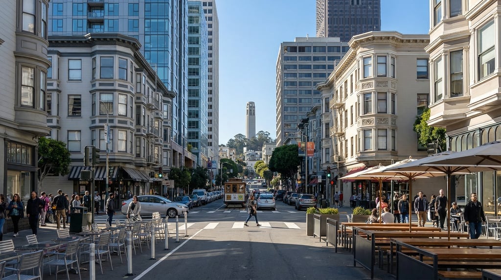 Point-of-view shot walking through a busy intersection in San Francisco on a bright clear morning