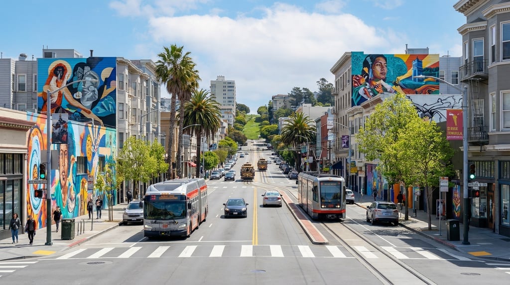 Looking straight down the length of a wide boulevard through the Mission District with modern murals