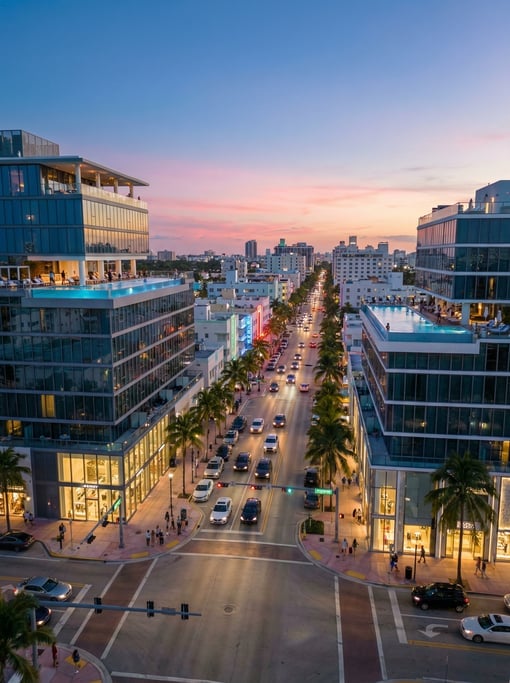 Wide-angle photograph of a busy intersection in Miami during the magic hour just after sunset