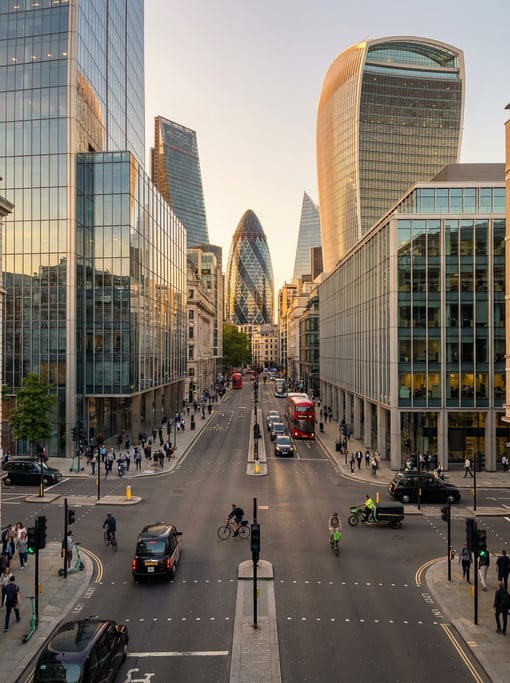 Three-quarter angle view of a busy intersection in London at golden hour