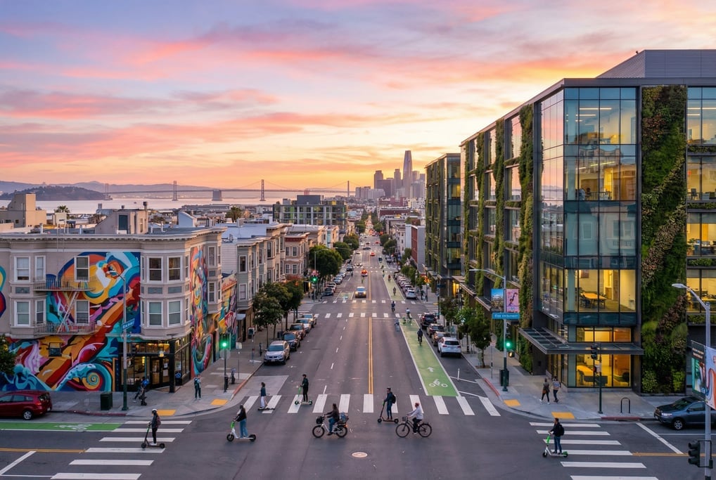 Wide shot of a wide boulevard through the Mission District with modern murals in San Francisco at su