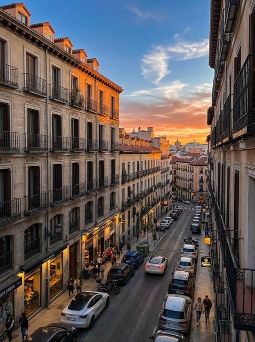 Wide shot of a narrow Malasaña side street with contemporary tapas bars in Madrid on a clear spring