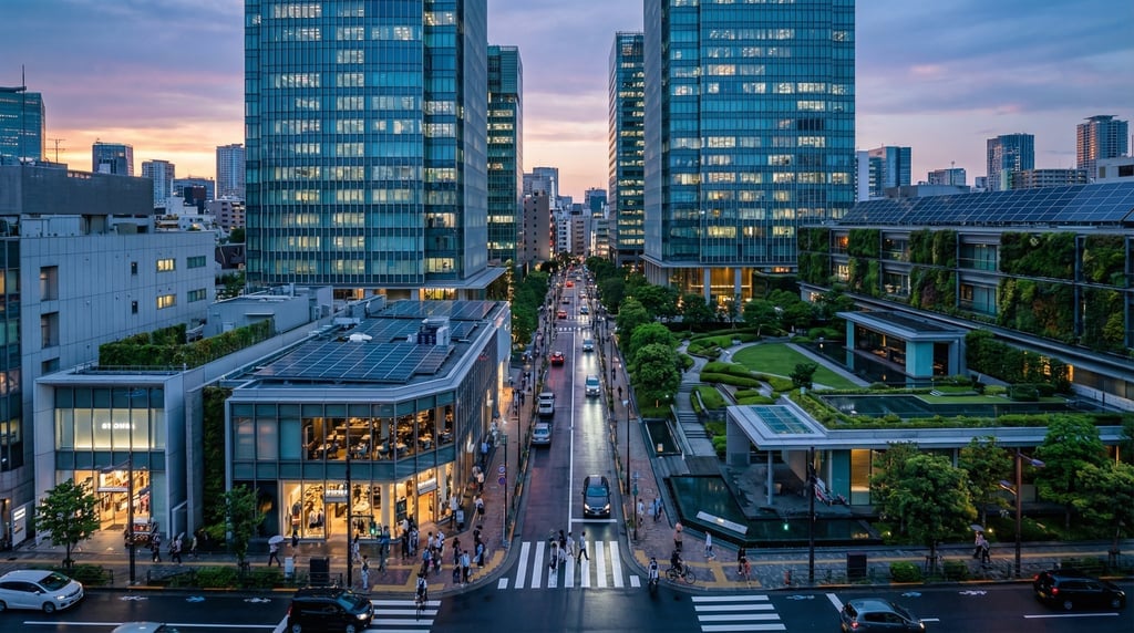 Cinematic wide shot of a Harajuku street with contemporary fashion and modern cafés in Tokyo during
