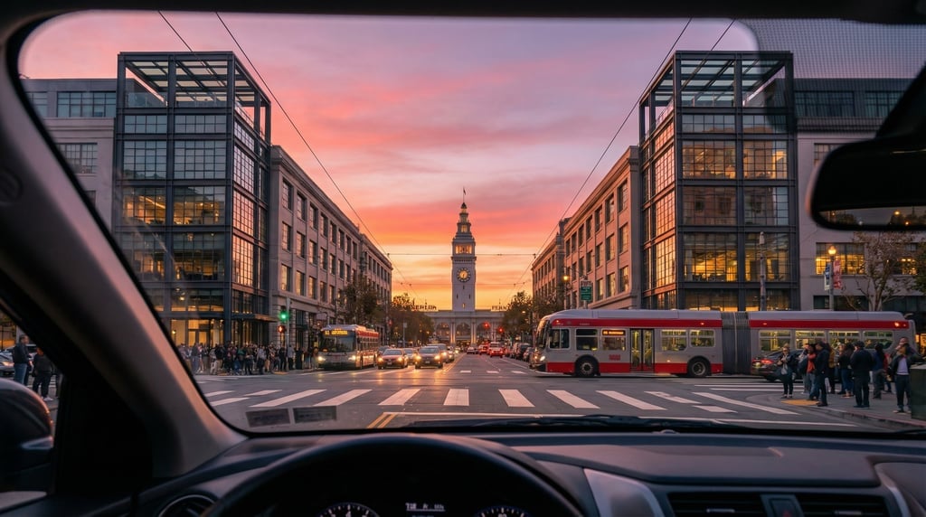 First-person perspective driving through a busy intersection in San Francisco at sunset