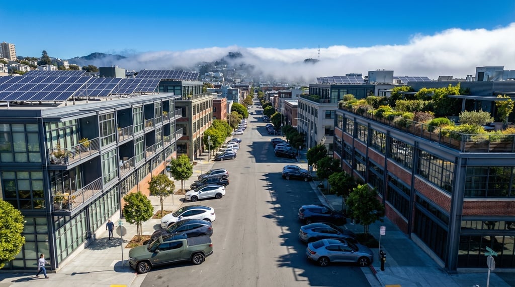 Wide shot of a steep hill street with parked modern cars angled against the curb in San Francisco on