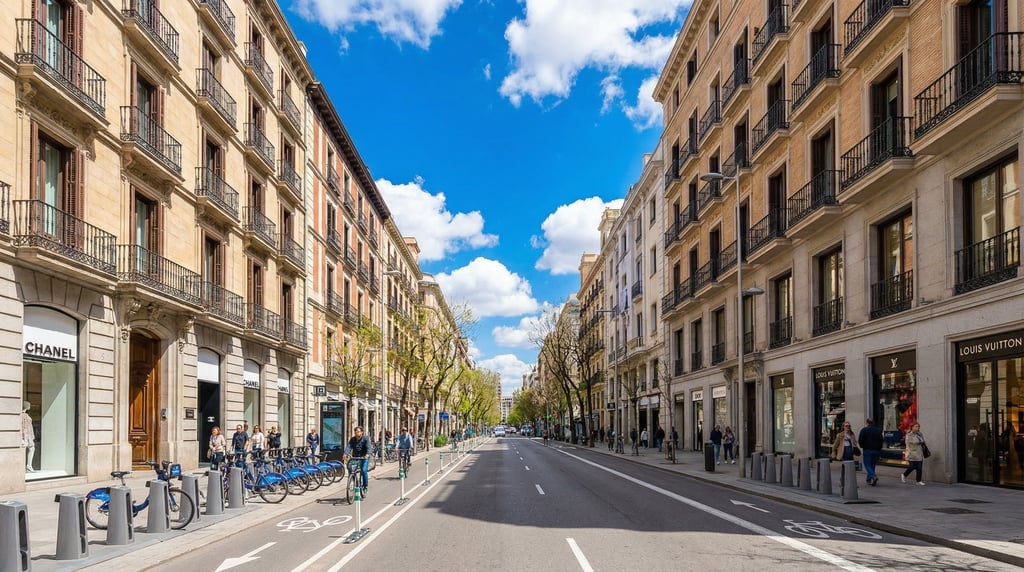 Wide shot of Calle Serrano with luxury boutiques and modern shopfronts in Madrid on a clear spring d