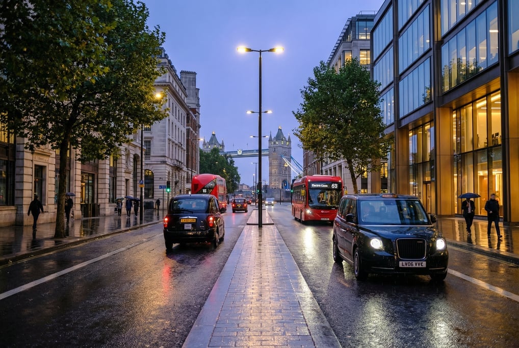 Point-of-view shot walking through a rainy Mayfair street with modern black cabs and red buses in Lo