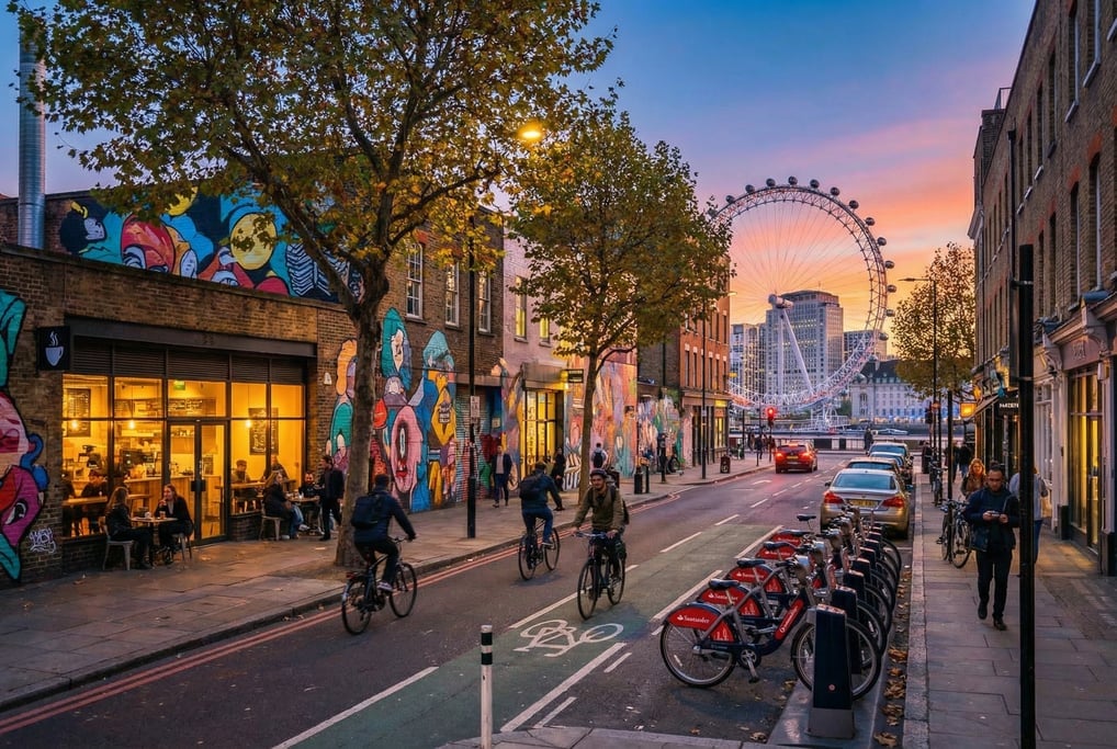 Wide-angle photograph of a Shoreditch side street with street art and modern coffee shops in London