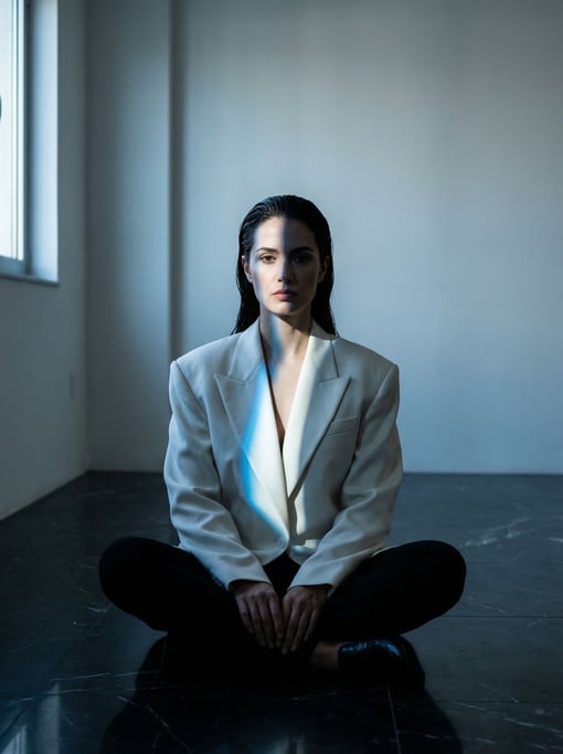 Editorial portrait of a woman with slicked-back hair in a structured pearl-white blazer with exagger
