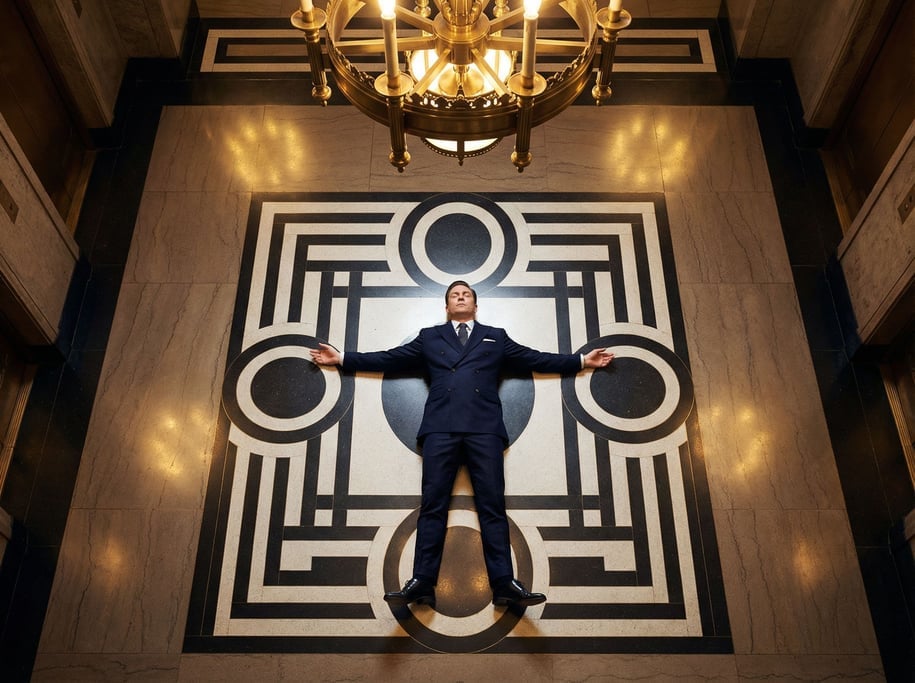 High-angle editorial photograph looking down at a man in a navy double-breasted suit lying on a geom