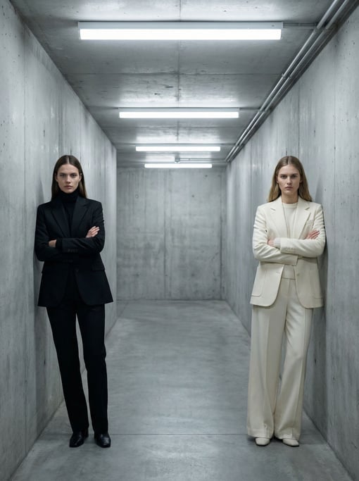 Editorial fashion photograph of two women in coordinated monochrome looks — one in all black tailore