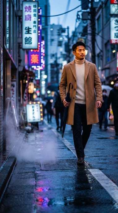 Low-angle editorial shot of a male model in a cream turtleneck and camel overcoat walking down a rai