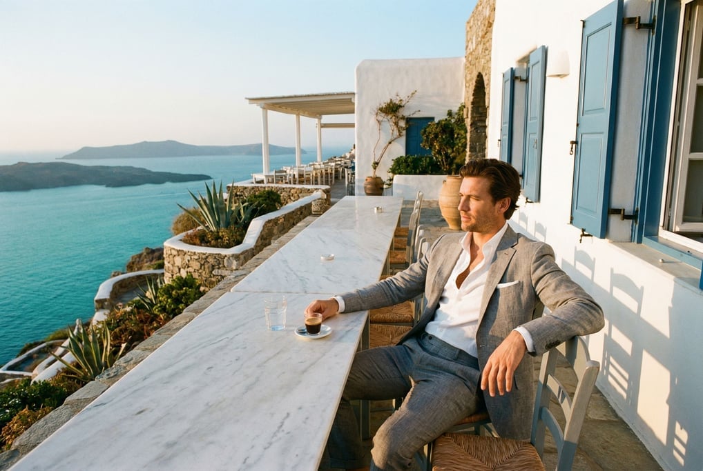 Wide environmental editorial of a man in a stone-grey linen suit and white open-collar shirt sitting