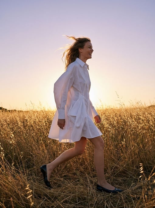 Editorial fashion photograph of a woman in an architectural white cotton shirt dress with dramatic v
