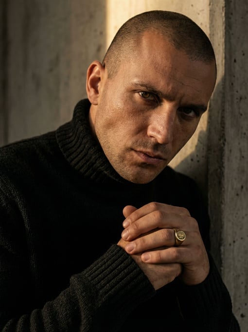 Editorial portrait of a man with a shaved head in a chunky black knit rollneck and gold signet ring