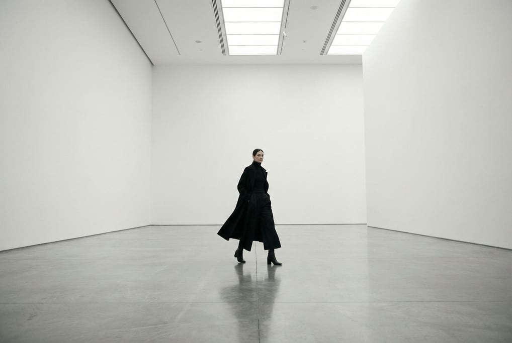 Wide editorial photograph of a woman in a full black look — long black coat, black turtleneck