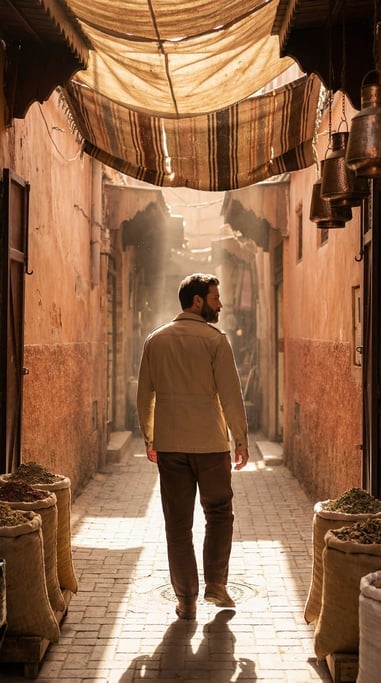 Environmental editorial shot of a man in a sand-colored safari jacket and dark brown linen trousers