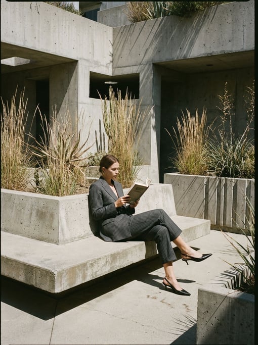 Editorial fashion photograph of a woman in a pinstripe charcoal power suit with cropped trousers and