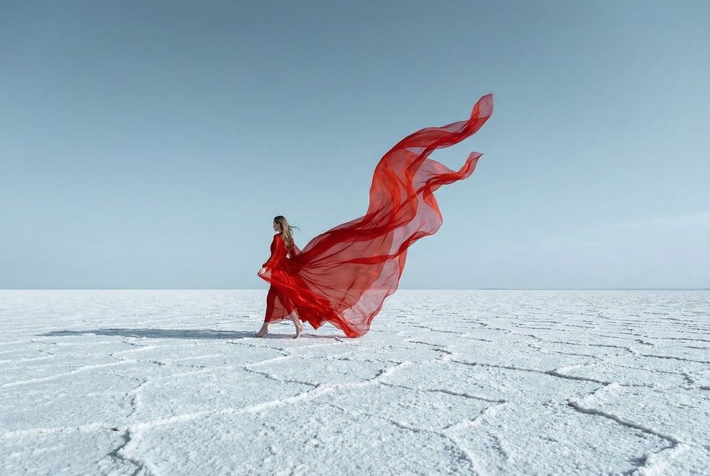 Dramatic editorial fashion photograph of a woman in a voluminous scarlet red organza gown standing a