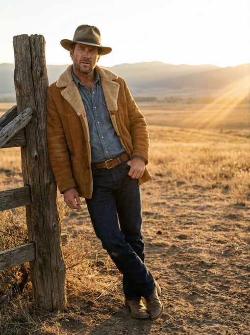 Editorial fashion photograph of a man in a caramel suede shearling jacket and dark indigo raw denim