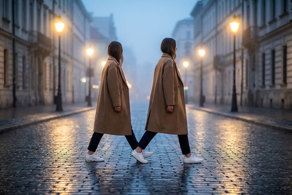 Editorial fashion photograph of two women in matching oversized camel coats and white sneakers walki