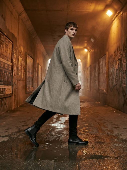 Low-angle editorial shot of a male model in a long stone-grey wool overcoat and black Chelsea boots