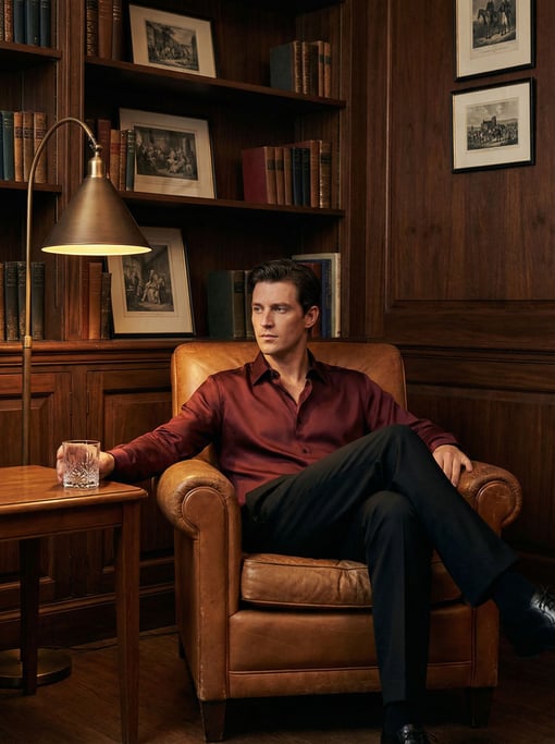 Editorial fashion photograph of a man in a bordeaux silk shirt buttoned to the neck and perfectly pr