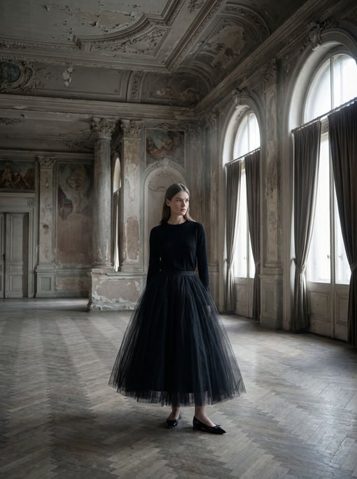 Editorial fashion photograph of a woman in a voluminous black tulle skirt and fitted black cashmere