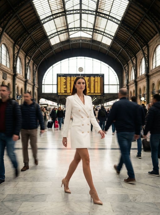 Editorial fashion photograph of a woman in a sharp white double-breasted blazer dress with gold butt