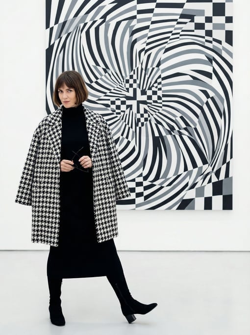 Editorial fashion photograph of a woman in a checkered black and white houndstooth coat and solid bl